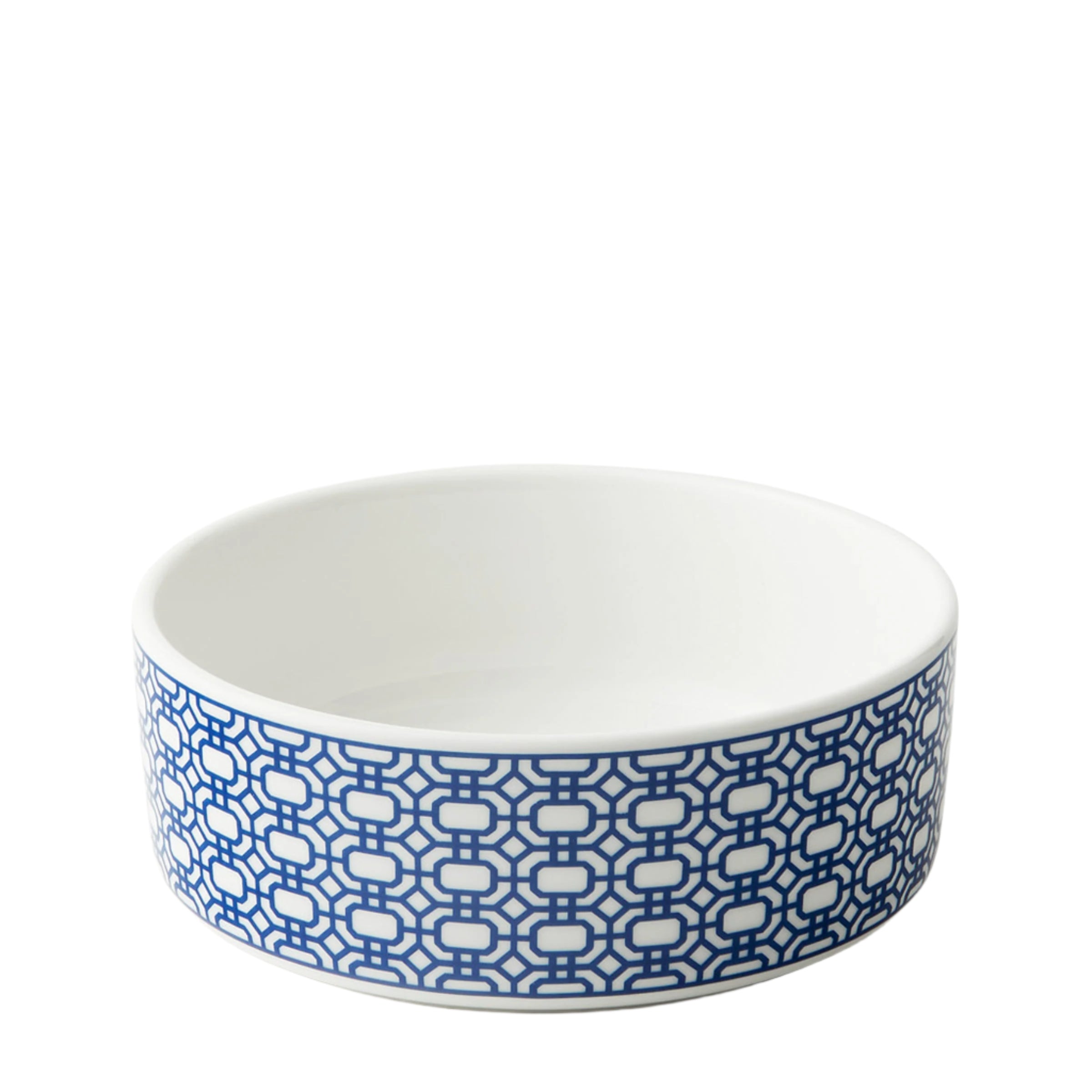 Newport Garden Gate blue and white premium porcelain medium pet bowl from Caskata.