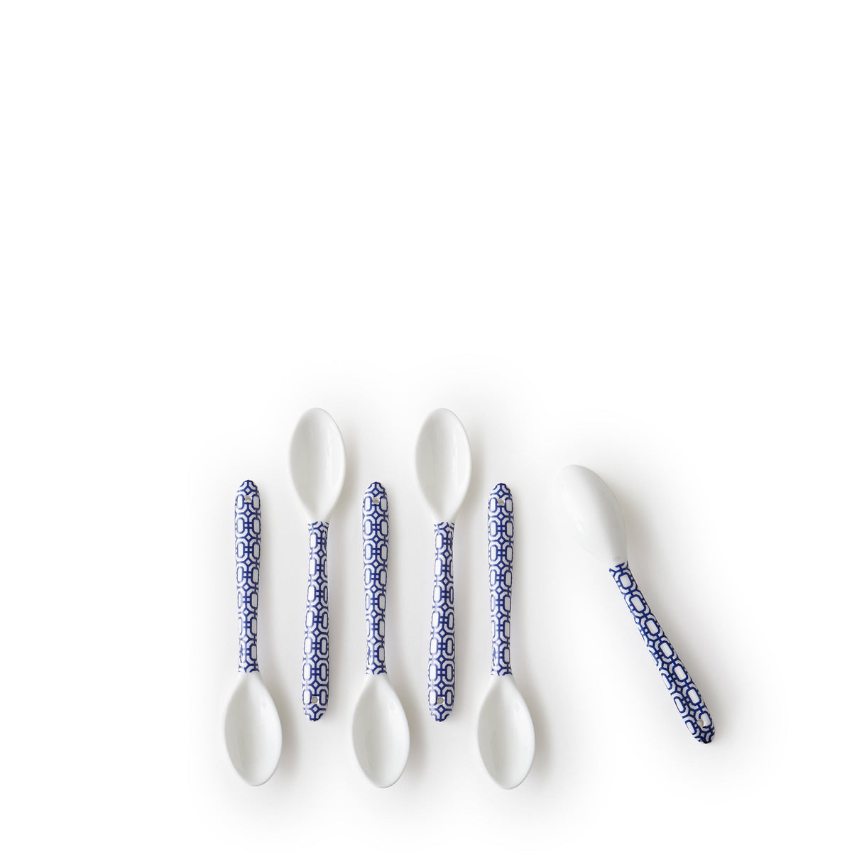 Top view of Newport Small Spoon, Set of 6 showcasing blue geometric patterned handles on a white background