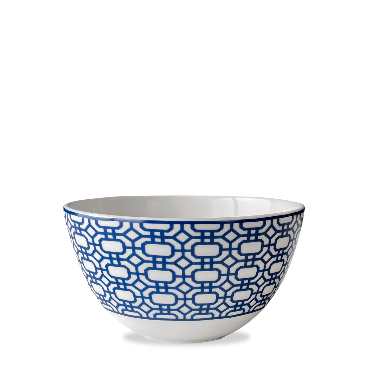 Front view of Newport Tall Cereal Bowl showcasing blue geometric pattern on creamy white porcelain with white background