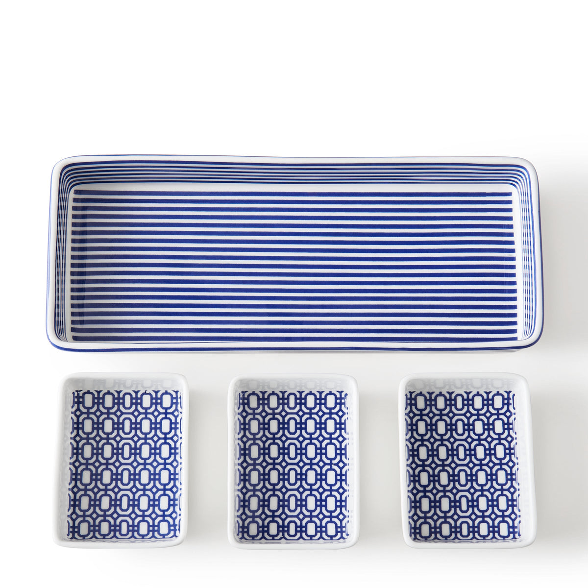 Front view of Newport Nested Appetizer Tray Set showing one striped tray and three patterned bowls on white background