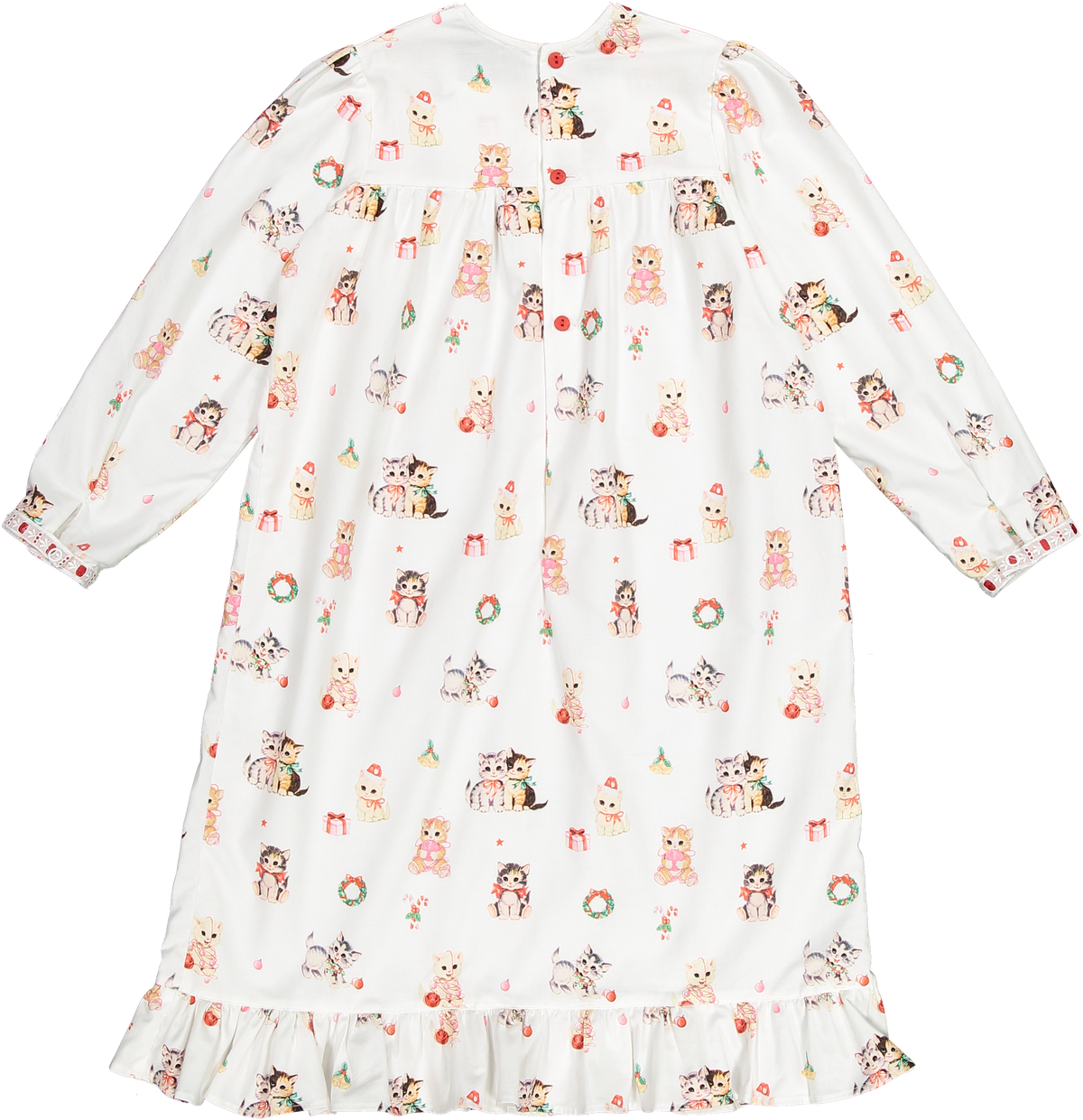 Front view of Festive Kitties Nightgown showcasing playful kitten print and red bows at neckline on a white background