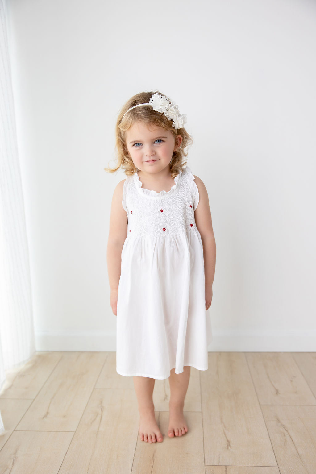 Noa White Cotton Dress with Red Rosebud Embroidery