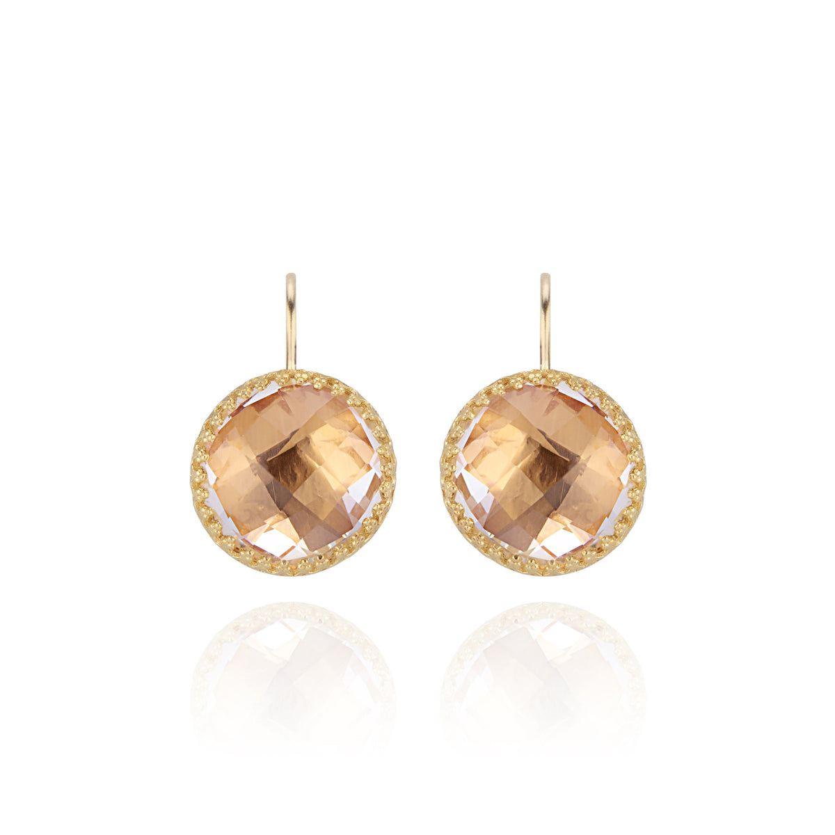 Front view of Olivia Button Earrings showcasing faceted nectar-colored white quartz with 14K gold ear wires on white background