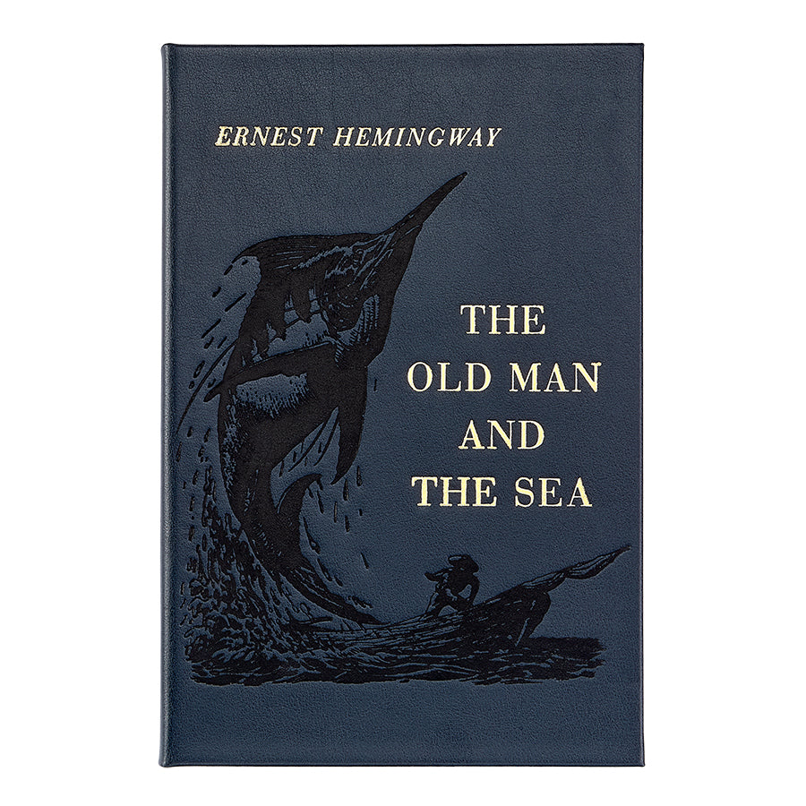 Front view of The Old Man And The Sea in Bonded Leather with gold title lettering and marlin illustration on white background