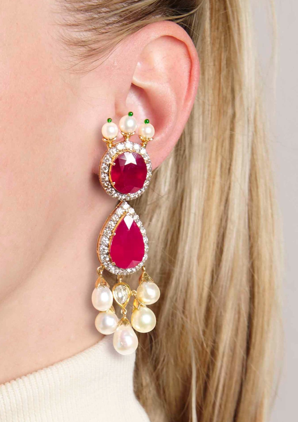 Divyansh Ruby, Diamond, and Pearl Earrings