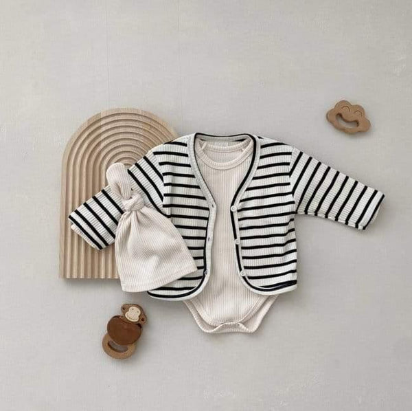 Cece Stretch Rib Cardigan, Hat and Bodysuit 3 Piece Set (Cream)