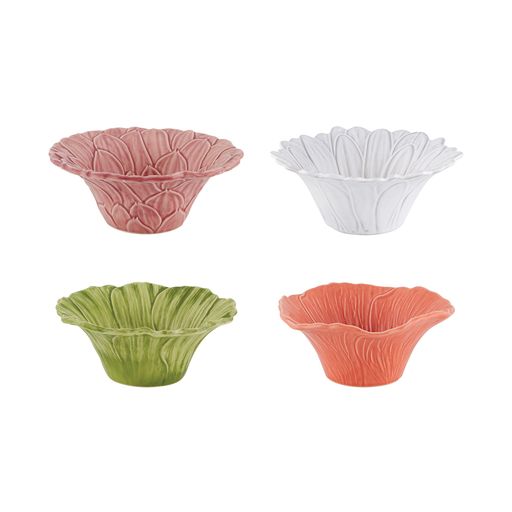 Front view of Maria Flor Set of Four Assorted Bowls with floral relief in pink, white, green, and coral