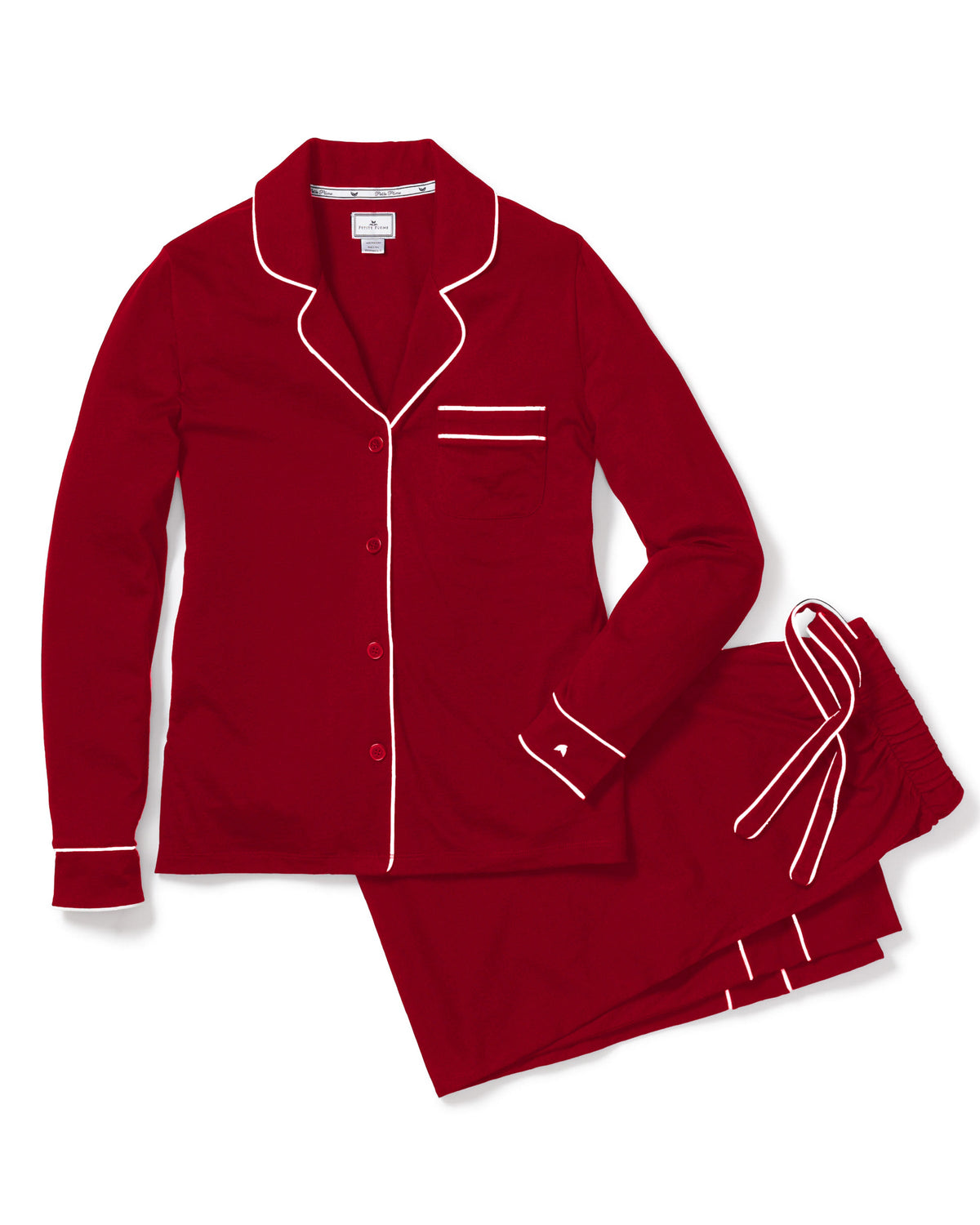 Front view of Luxe Pima Bordeaux Astaire Pajama Set showcasing white piping, button front, and chest pocket with white background