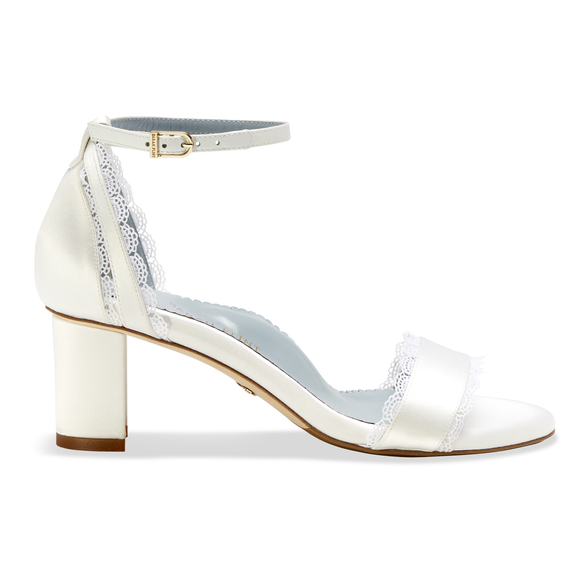 Stylish and comfortable, the Perfect Block Sandal 60 in Wedding White Satin features a 60mm block heel, arch support, and adjustable ankle straps.