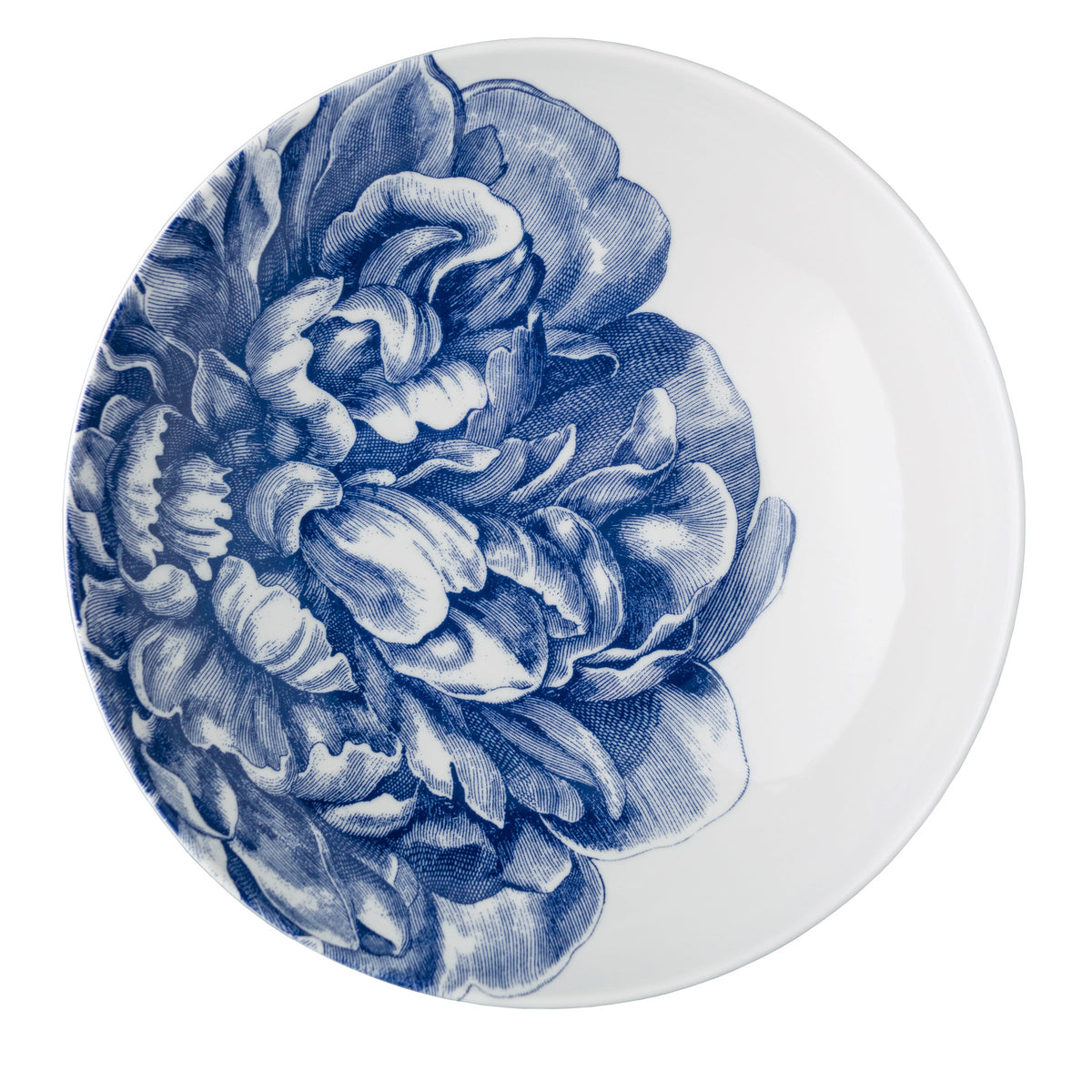 Overhead view of Peony Blue Wide Serving Bowl showcasing blue and white peony floral pattern with a white background