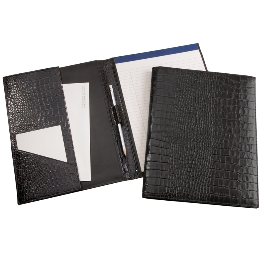 Open and closed view of the large portfolio in crocodile embossed leather showcasing card slots, pen holder, and lined notepad