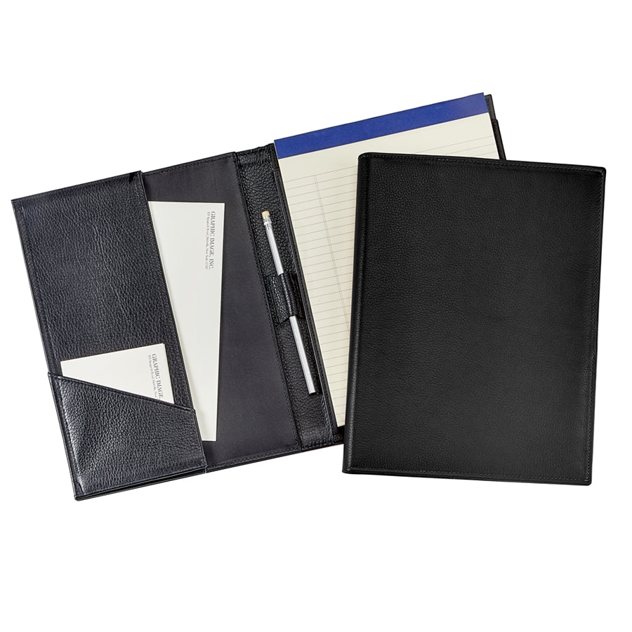 Open and closed views of Large Portfolio in Full Grain Leather showcasing interior pockets, notepad, and pen holder with white background