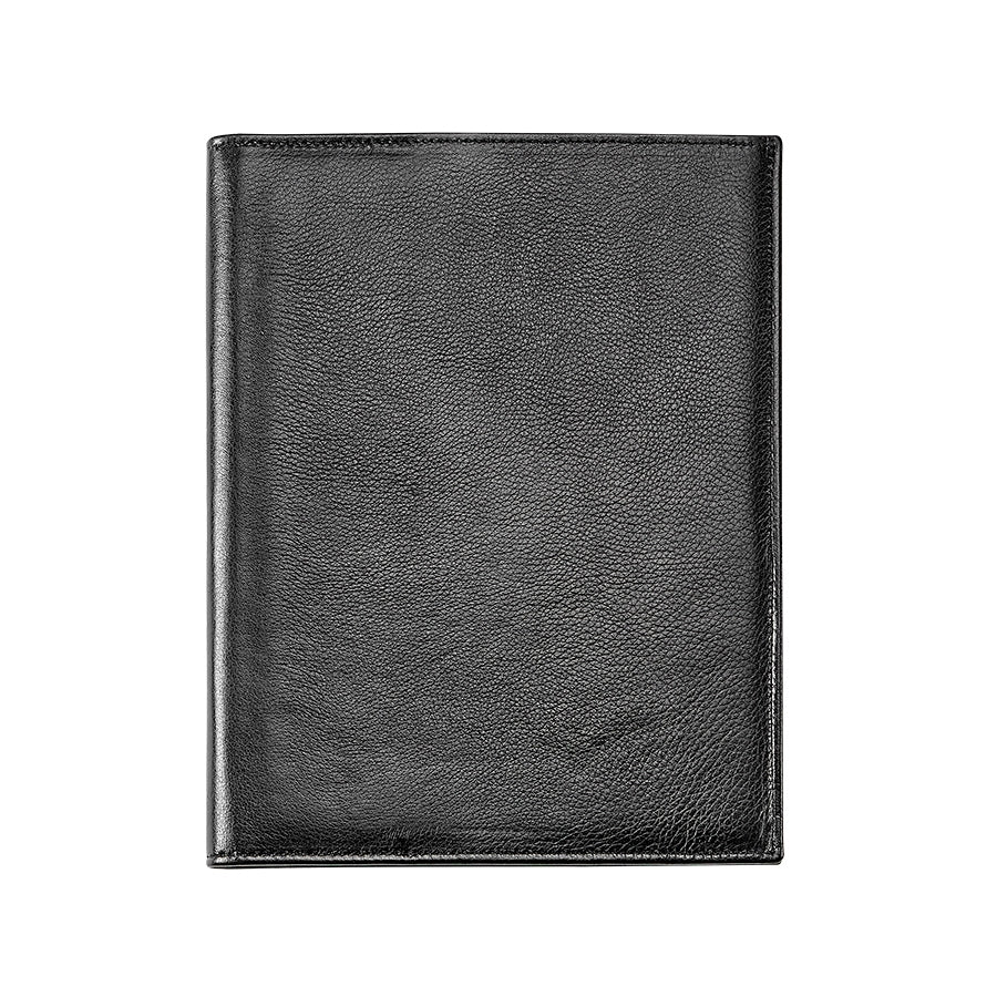 Front view of Large Portfolio in Full Grain Leather showcasing black leather cover with stitched edges against a white background