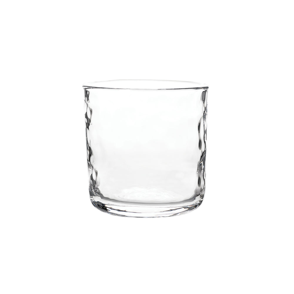 Front view of Puro Rocks Glass showcasing mouth-blown dimpled texture on clear glass with white background