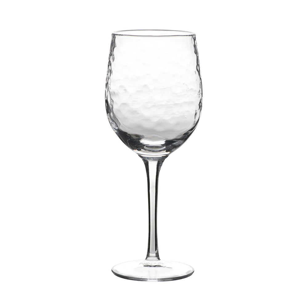 Front view of Puro white wine glass showcasing hammered textured bowl on white background