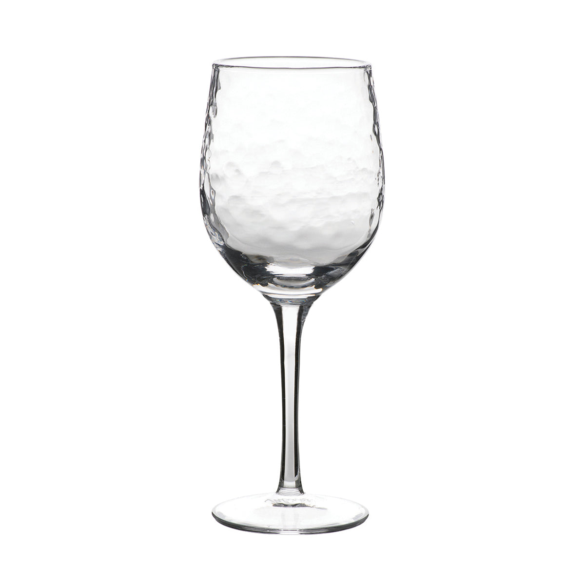 Front view of Puro white wine glass showcasing hammered textured bowl on white background