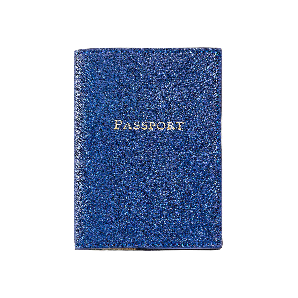 Front view of royal blue goatskin passport holder with pebbled leather and gold-stamped PASSPORT on white background