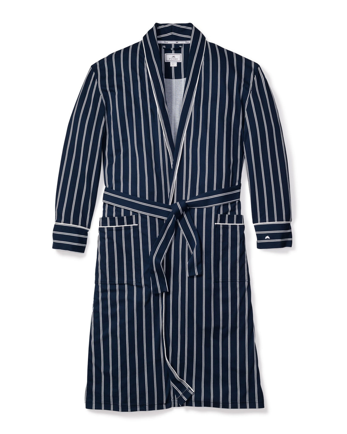 Front view of Grant pinstripe Pima cotton robe in navy with shawl collar, tie belt, and patch pockets on white background