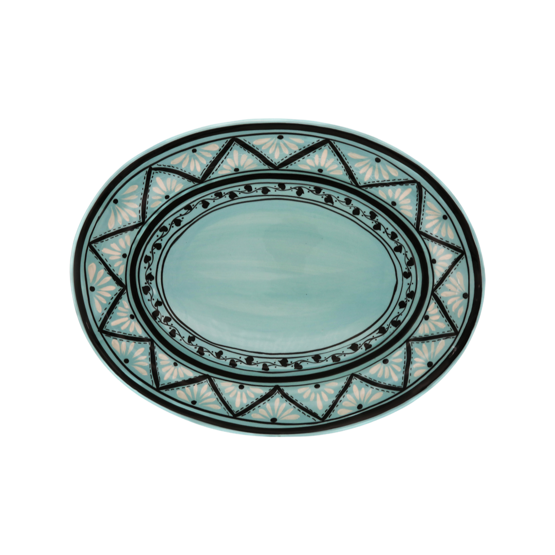 Top view of Gigi Aqua Oval Platter showcasing aqua background and geometric wave-patterned border on white background