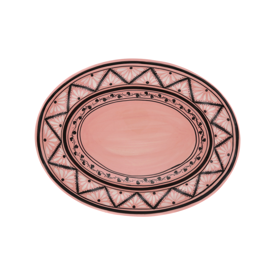 Top view of Gigi Pink Oval Platter showcasing its hand painted rose background and geometric wave patterned border on white background