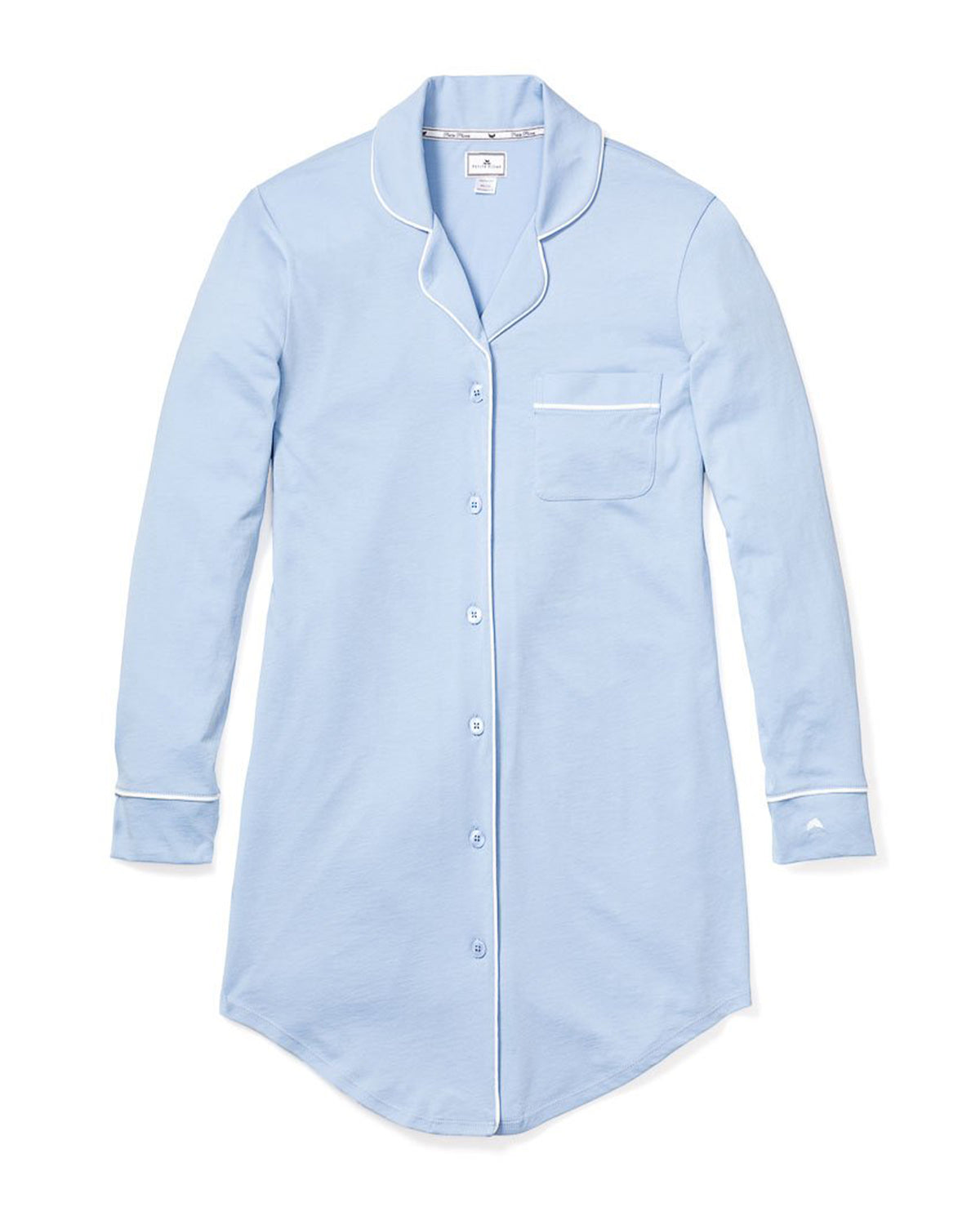 Front view of Women’s Pima Cotton Periwinkle Nightshirt showcasing piped trim and shirt-tail hem on white background