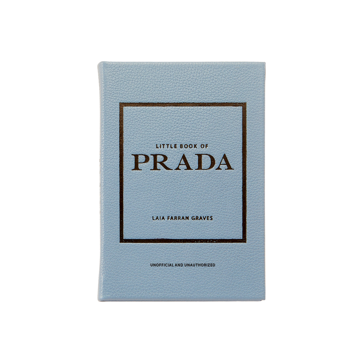 Close-up of Little Book of Prada in bonded leather showcasing light blue pebbled texture and gold lettering on a white background