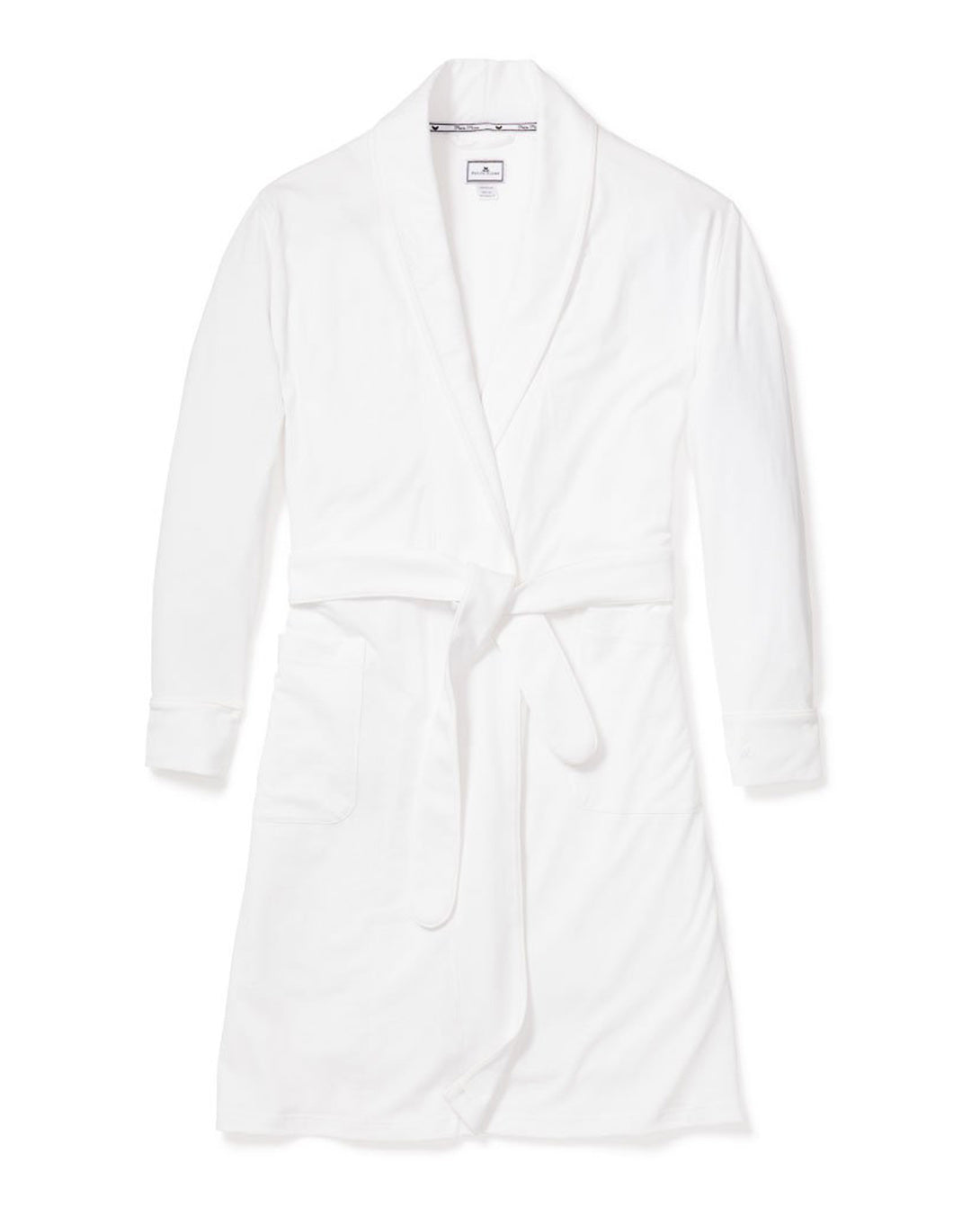 Front view of Women’s White Pima Cotton Robe showcasing short length, tie belt, and front pockets on a white background