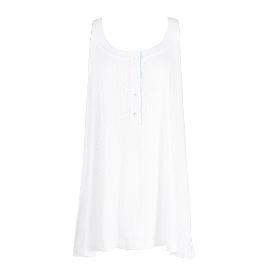 Front view of Liza Pointelle Cotton Nightgown showcasing white pointelle cotton, four-button closure, and A-line cut