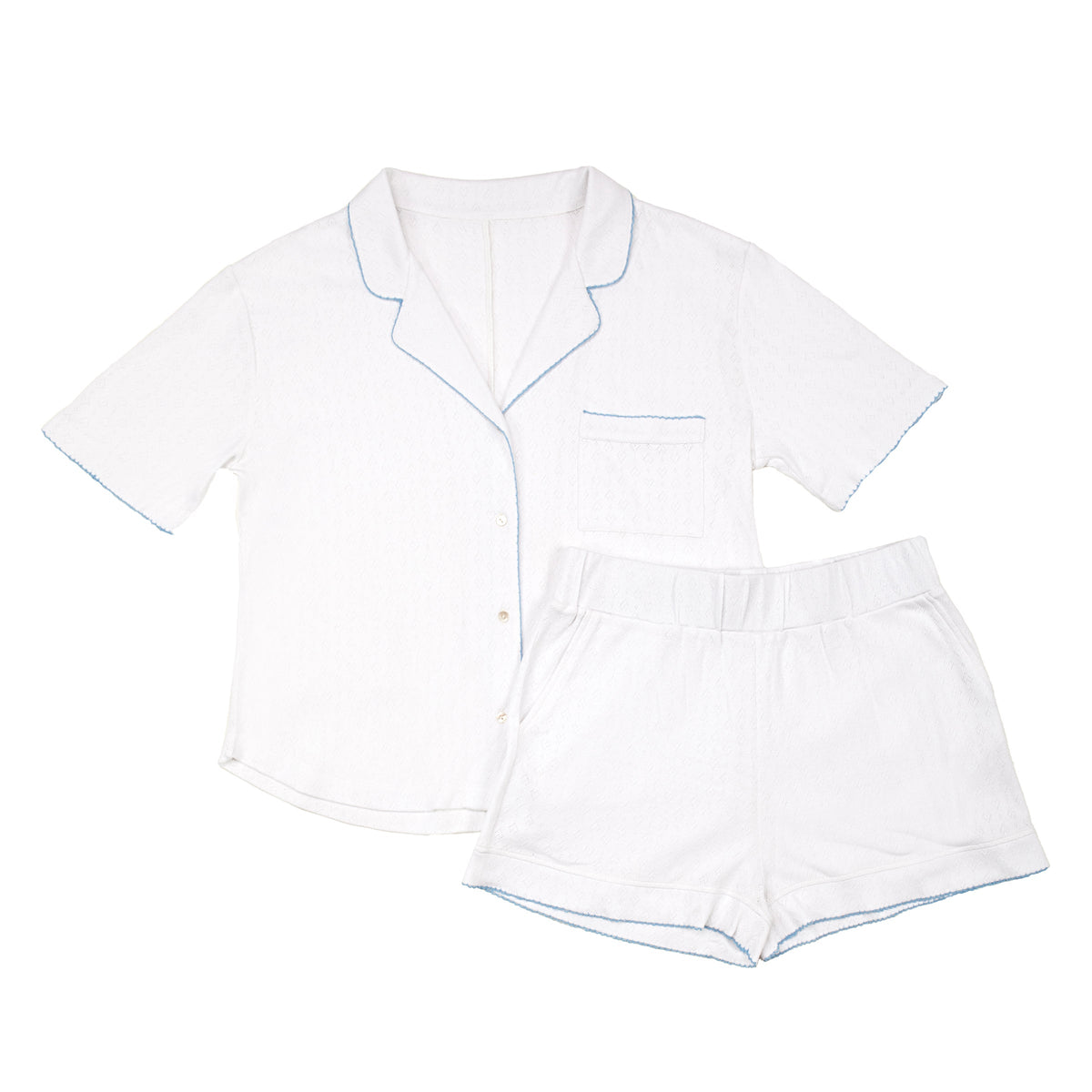 Front view of Liza Pointelle Cotton Short Pajamas with blue trim, button front, pocket, and elastic waist on white background