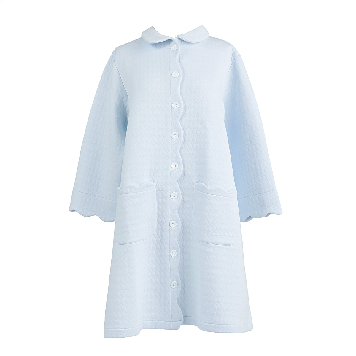 Front view of Vivian Cotton Robe showing quilted cotton, button front, scalloped sleeves and Peter Pan collar