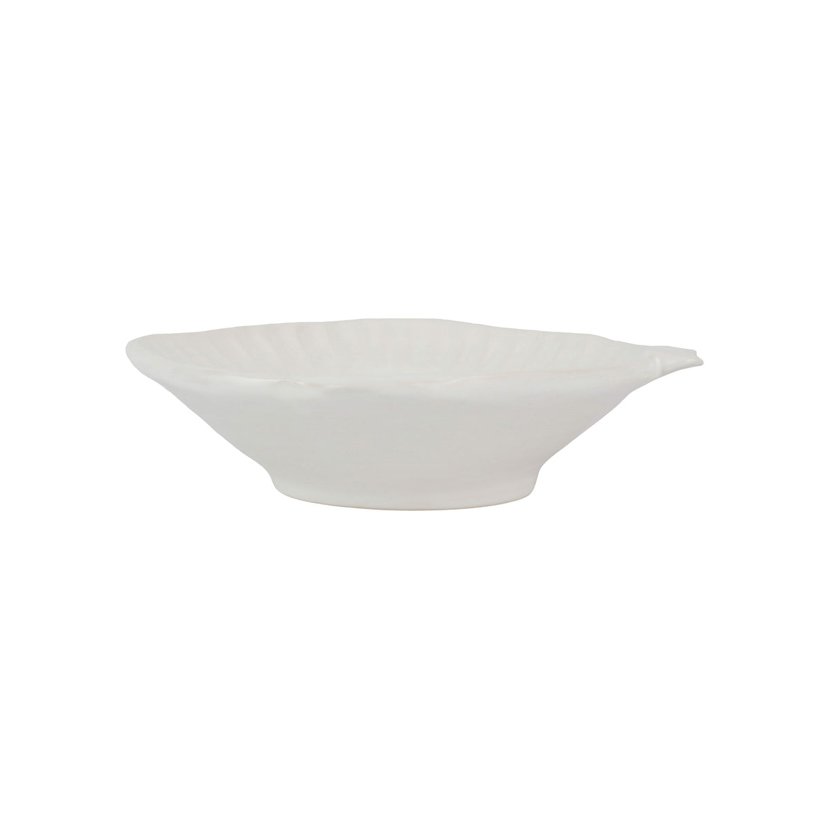 Side view of Pesce Serena cereal bowl showing scalloped shell shape and fish-tail rim on white background