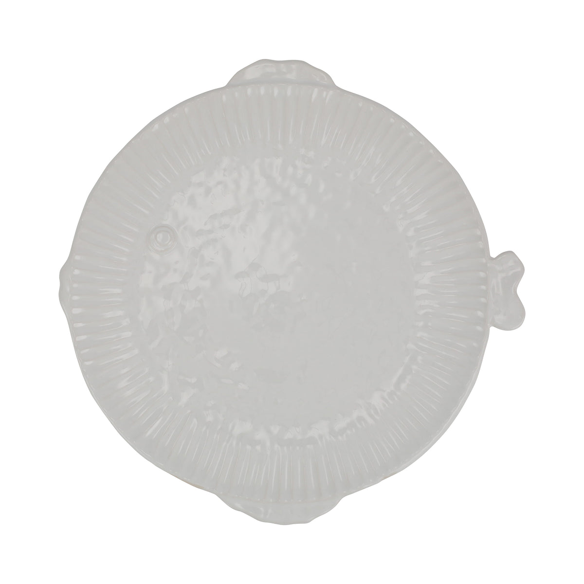 Top view of Pesce Serena Round Platter showcasing fish details and fluted rim against a white background