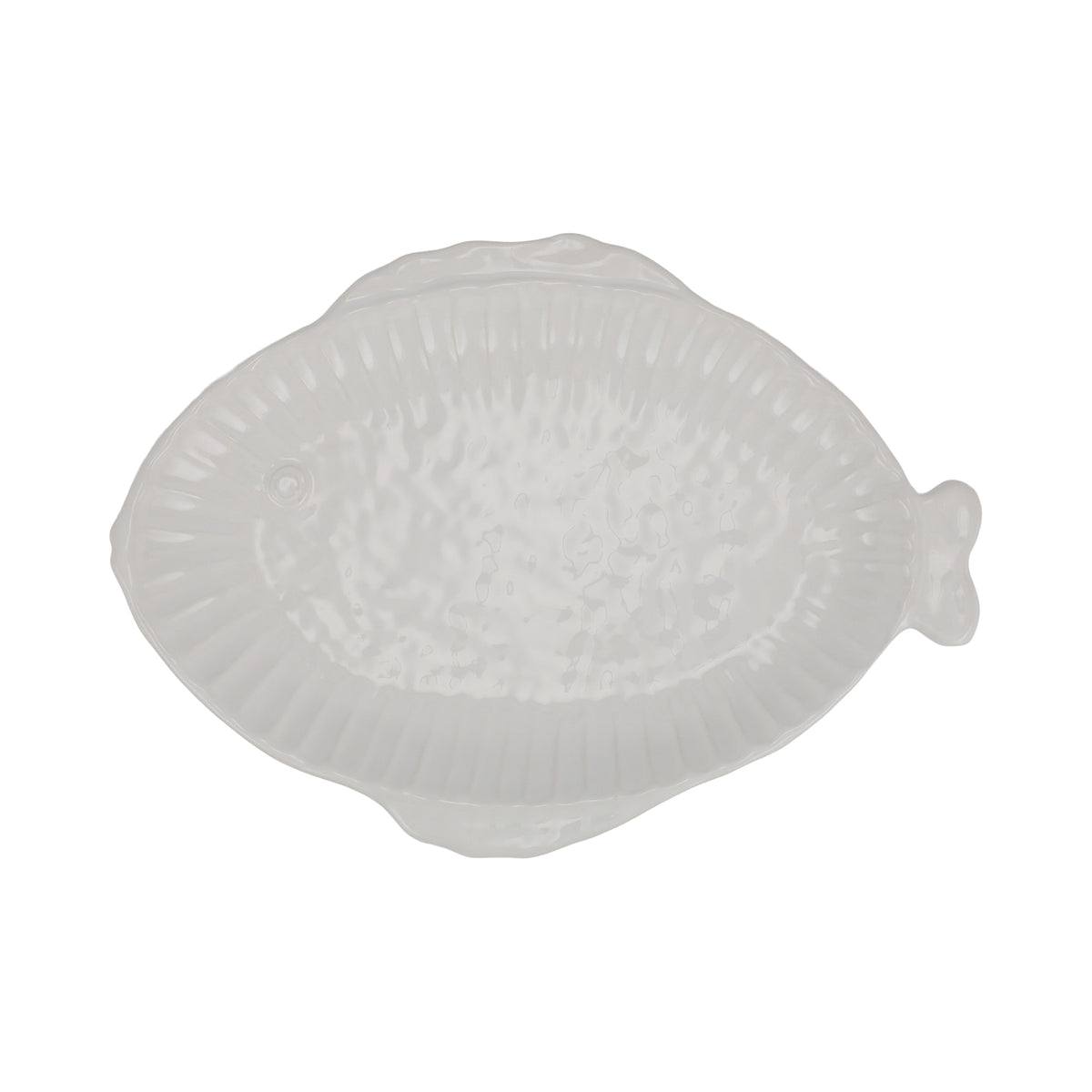 Top view of Pesce Serena small oval stoneware platter showing fish shape, ribbed edge and glossy hammered texture on white background