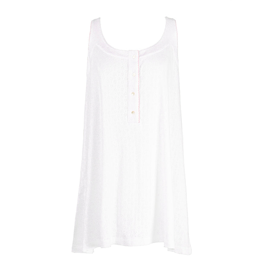 Front view of Liza Pointelle Cotton Nightgown showcasing four-button closure and A-line cut with white background
