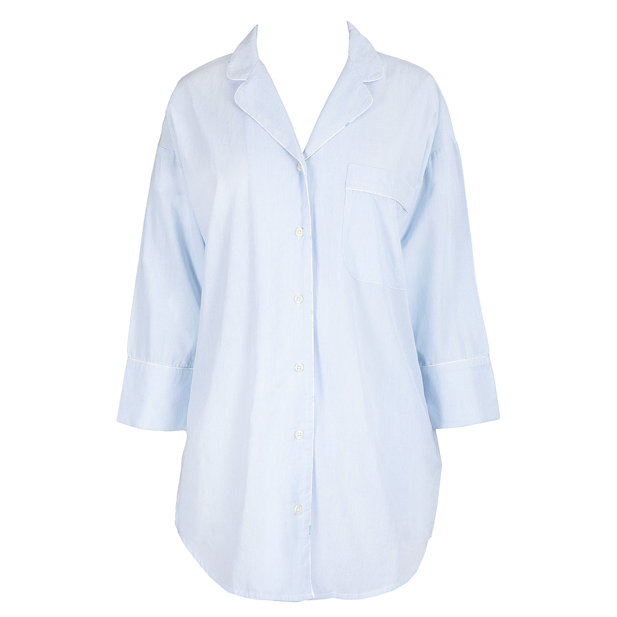 Front view of blue Pinstripe Cotton Boyfriend Shirt showing notched collar and three quarter sleeves on white background