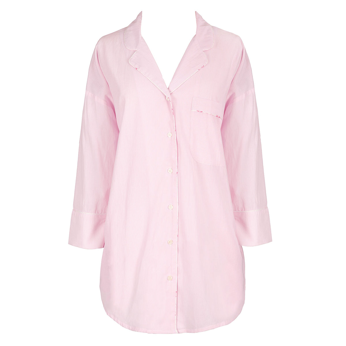 Front view of pink Pinstripe Cotton Boyfriend Shirt showcasing notched collar and roomy fit against white background