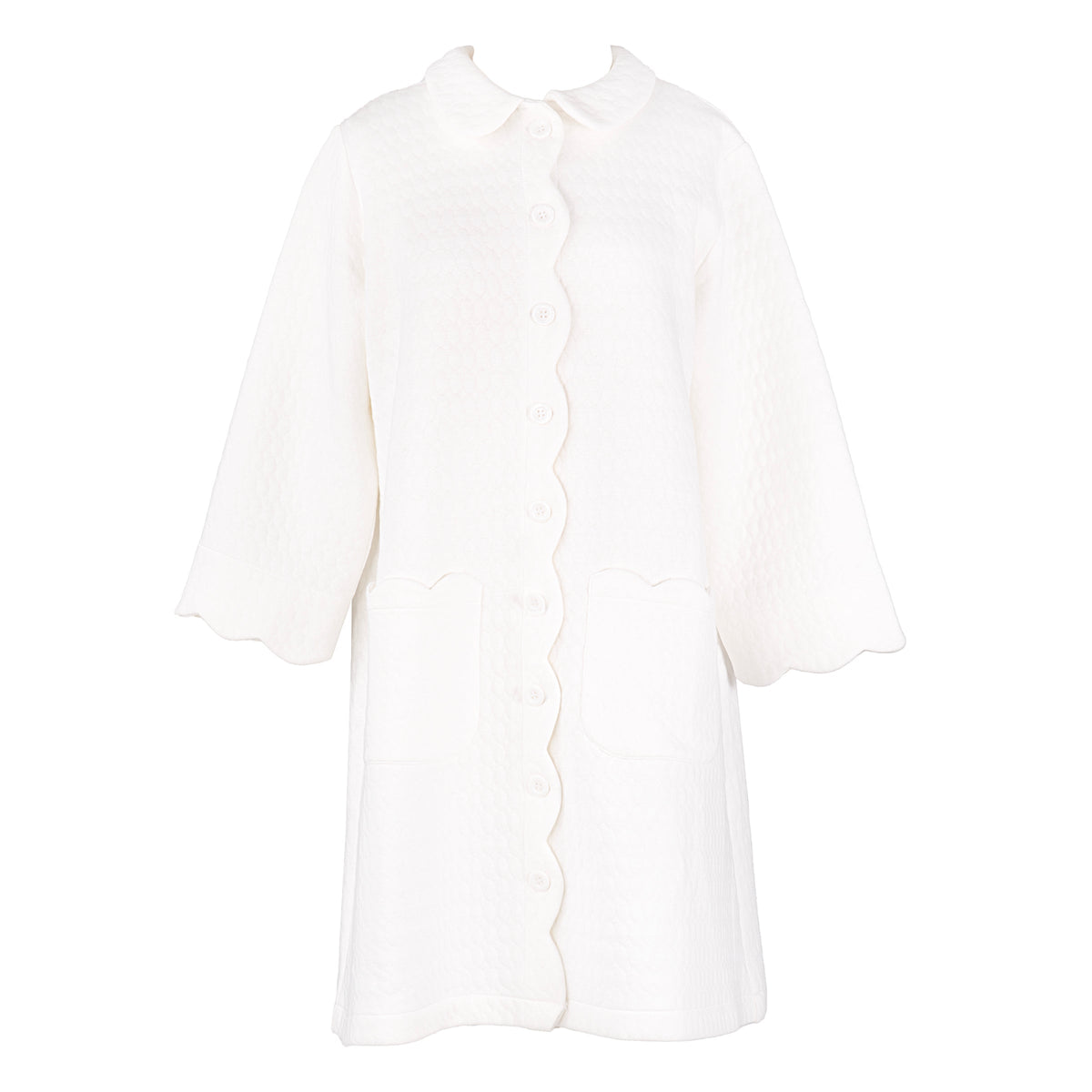 Front view of Vivian Cotton Robe with white quilted cotton, scalloped sleeves and Peter Pan collar on white background