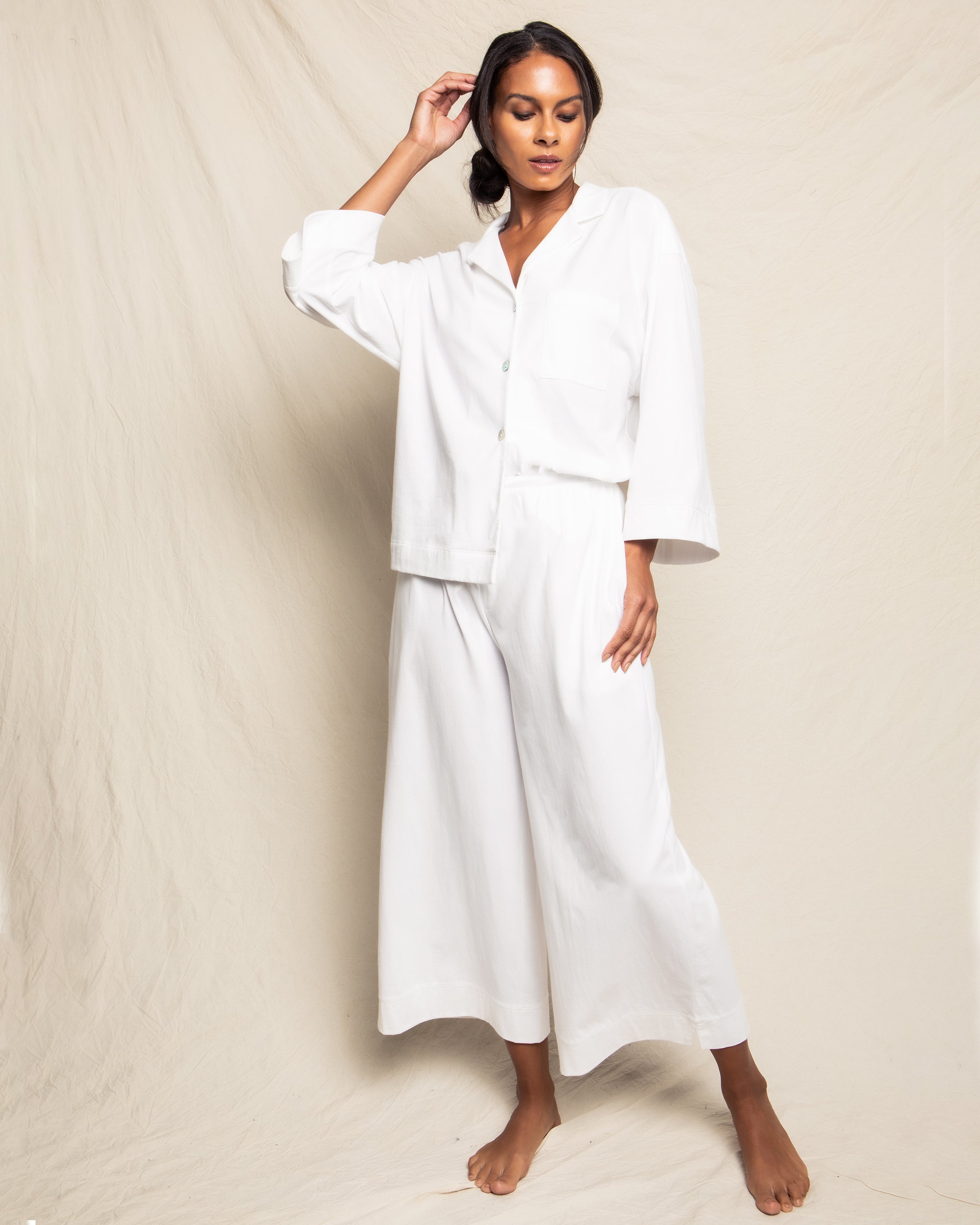 Women’s Luxe Pima Cotton White Wide Leg Pajama Set