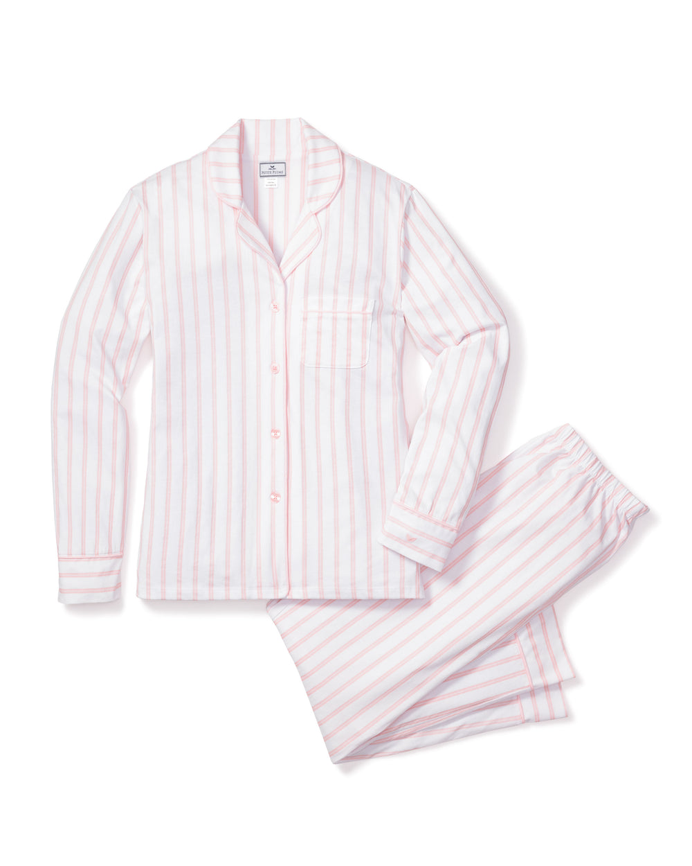 Flat lay of Luxe Pima pink striped pajama set showing button front top with chest pocket and elastic waist pants on white
