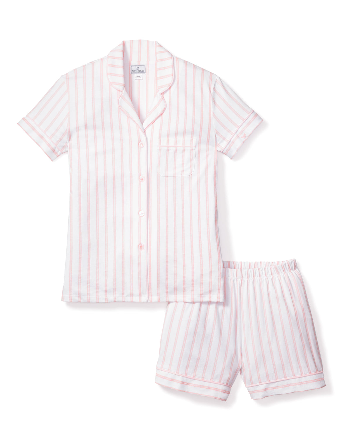 Front view of Women’s Luxe Pima Pink Stripe Short Set with piped collar, pocket, and elastic-waist shorts on white