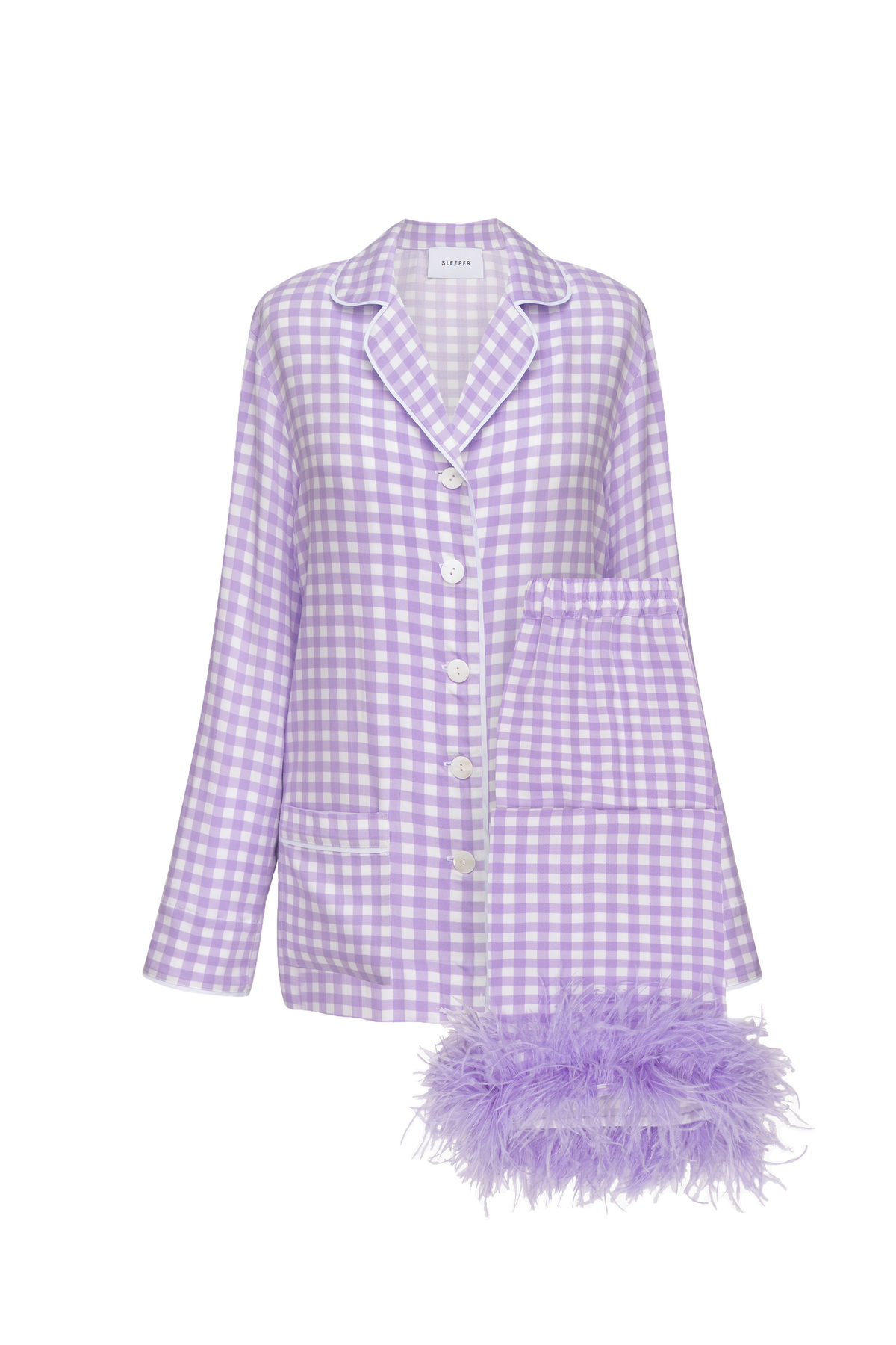Front view of Party Pajama Set with Feathers in Lavender Vichy showcasing detachable feathers on a white background