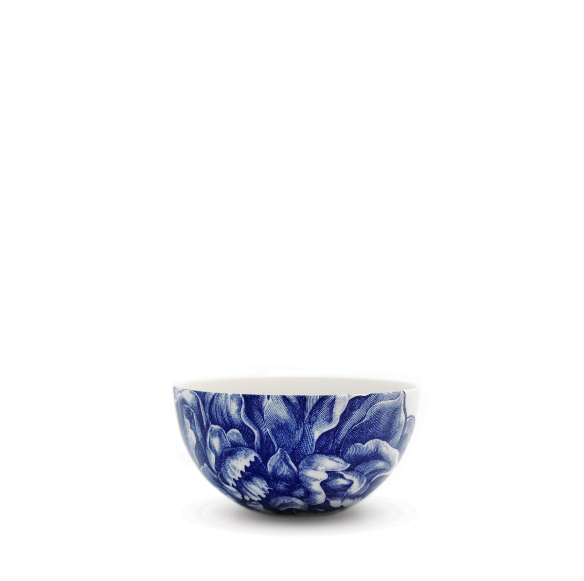 Front view of Peony Blue Snack Bowl showcasing a blue floral pattern with a white background
