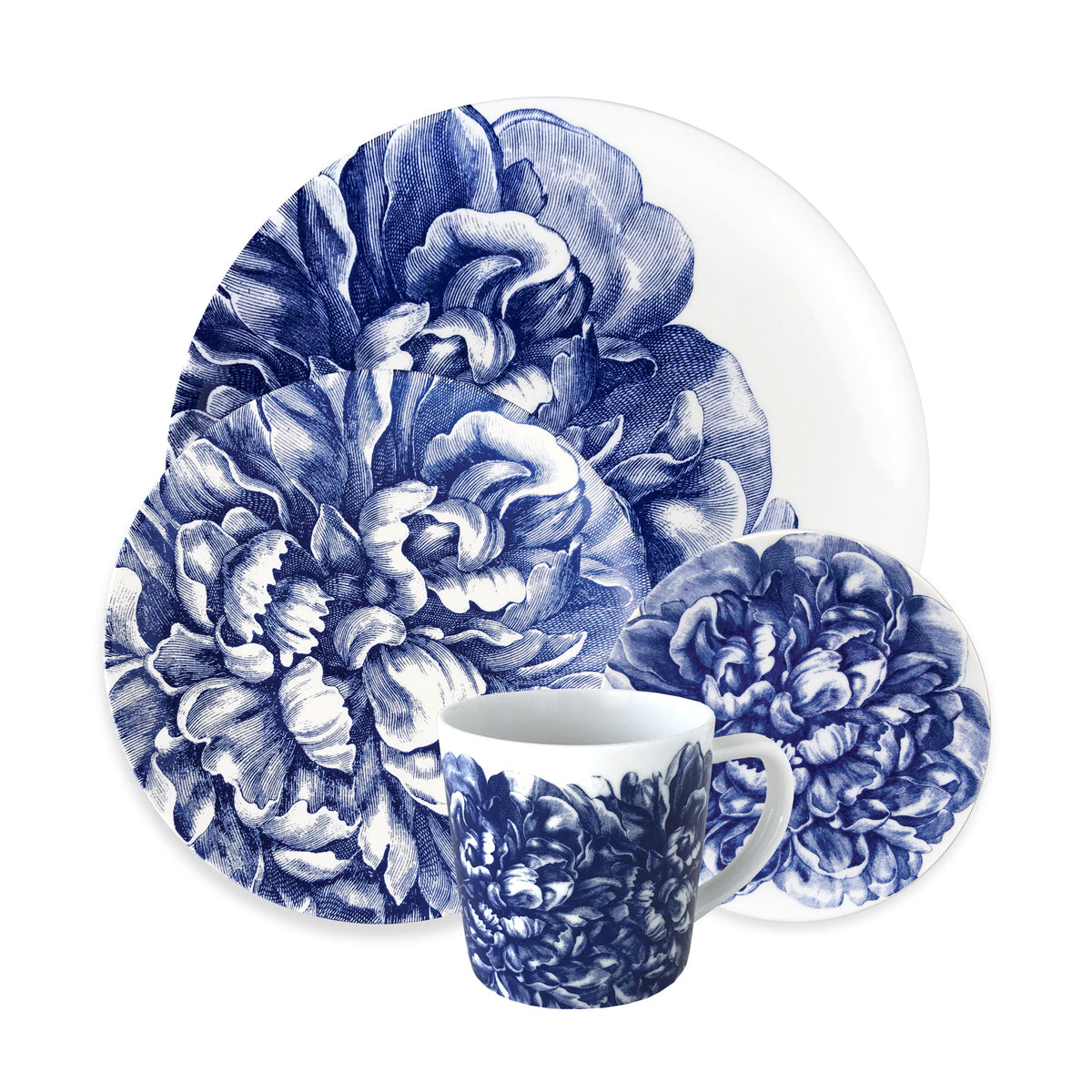 Front view of Peony Blue Place Setting, Set of 4 showcasing blue peony floral pattern with white background