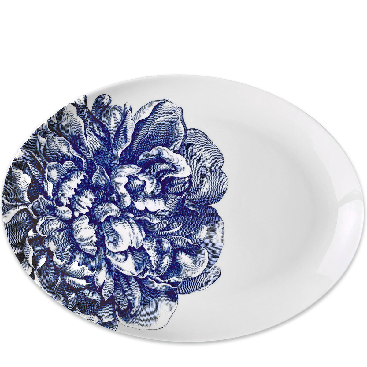 Front view of Peony Blue Medium Coupe Oval Platter showcasing a blue floral design with a white background