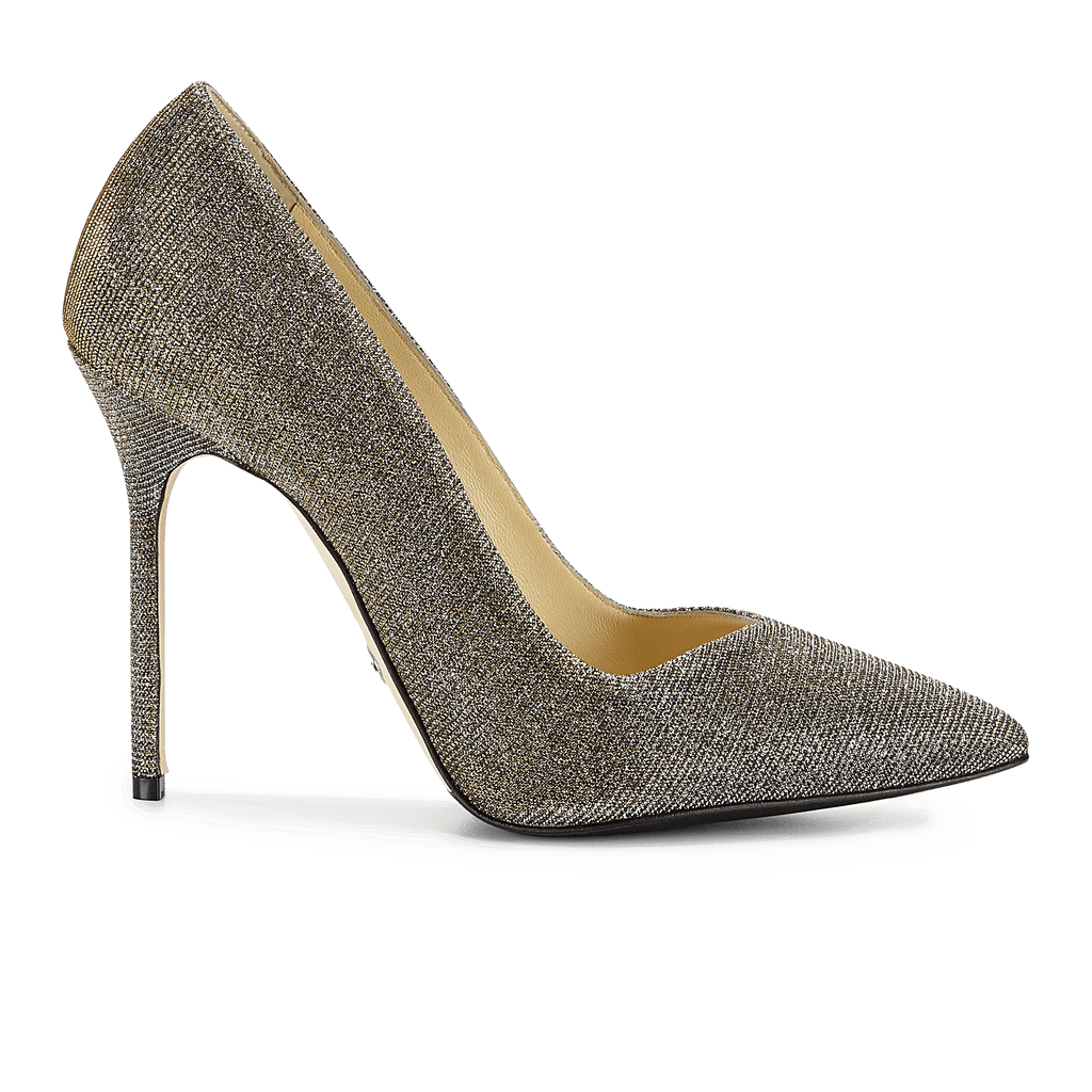 100m Italian Made Pointed Toe Pump in Gunmetal Lame Fabric