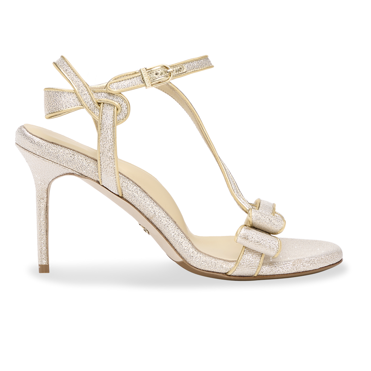 Side view of Perfect Sacha 85 in Champagne Lamé showcasing stiletto heel and ankle strap with white background