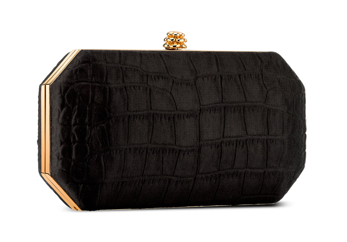 Perry Clutch in Black Diamond Stamped Satin