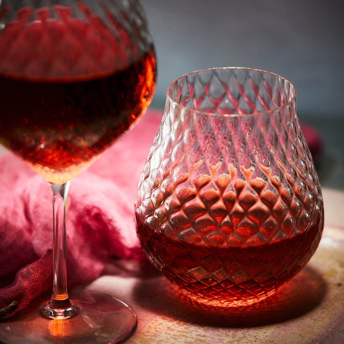 Phoebe stemless wine glass, tulip shaped mouth blown optic crystal from Caskata.