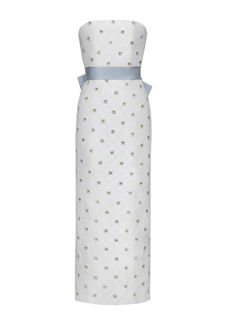 OTM Exclusive: Olivia White Silk Dress with Floral Crystal Embroidery Bone White with Baby Blue Sash / US 10