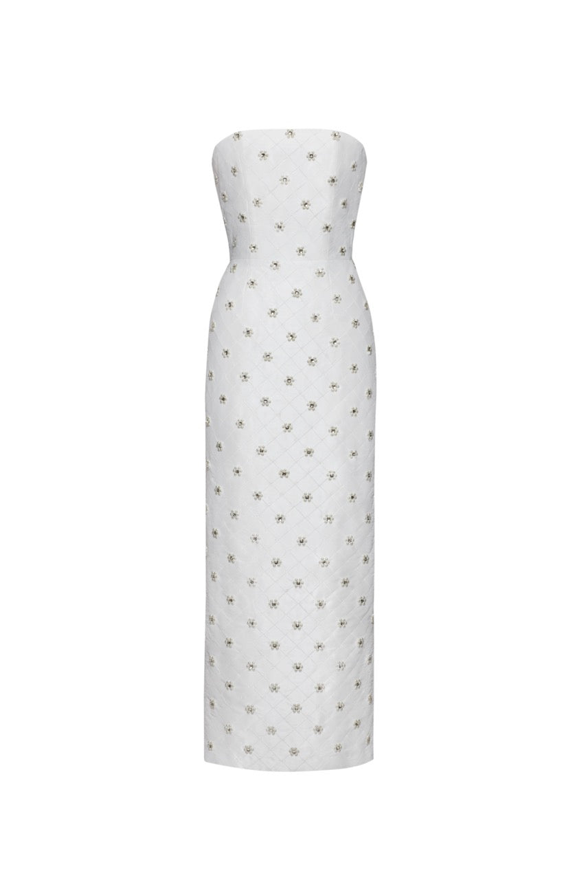 OTM Exclusive: Olivia White Silk Dress with Floral Crystal Embroidery Bone White with Baby Blue Sash / US 10